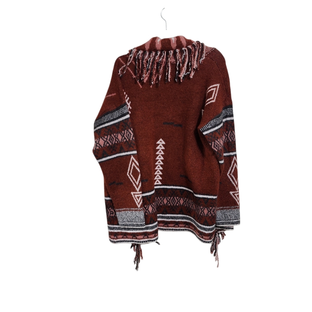Open-Front Fringe Cardigan Sweater - Rust Pink Pattern - Picture 3 of 8